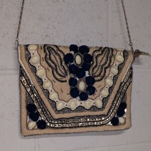 Embellished Embroidered Envelope Clutch With Chain Shoulder Strap